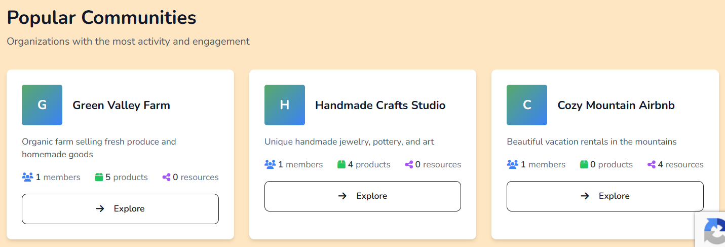 Community discover page with organization cards