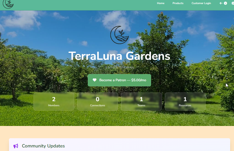 Full public page layout with projects and updates