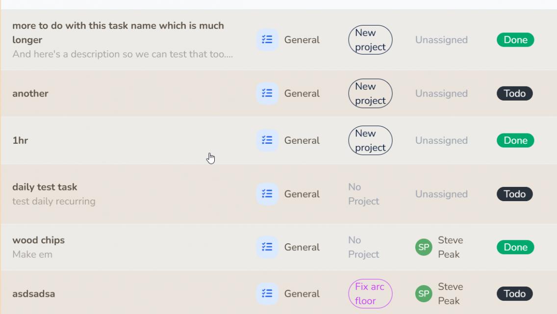 Task list with status pills and assignee avatars